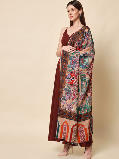 Dhiyona PA Women Beige Embroidered Pure Wool Shawl
