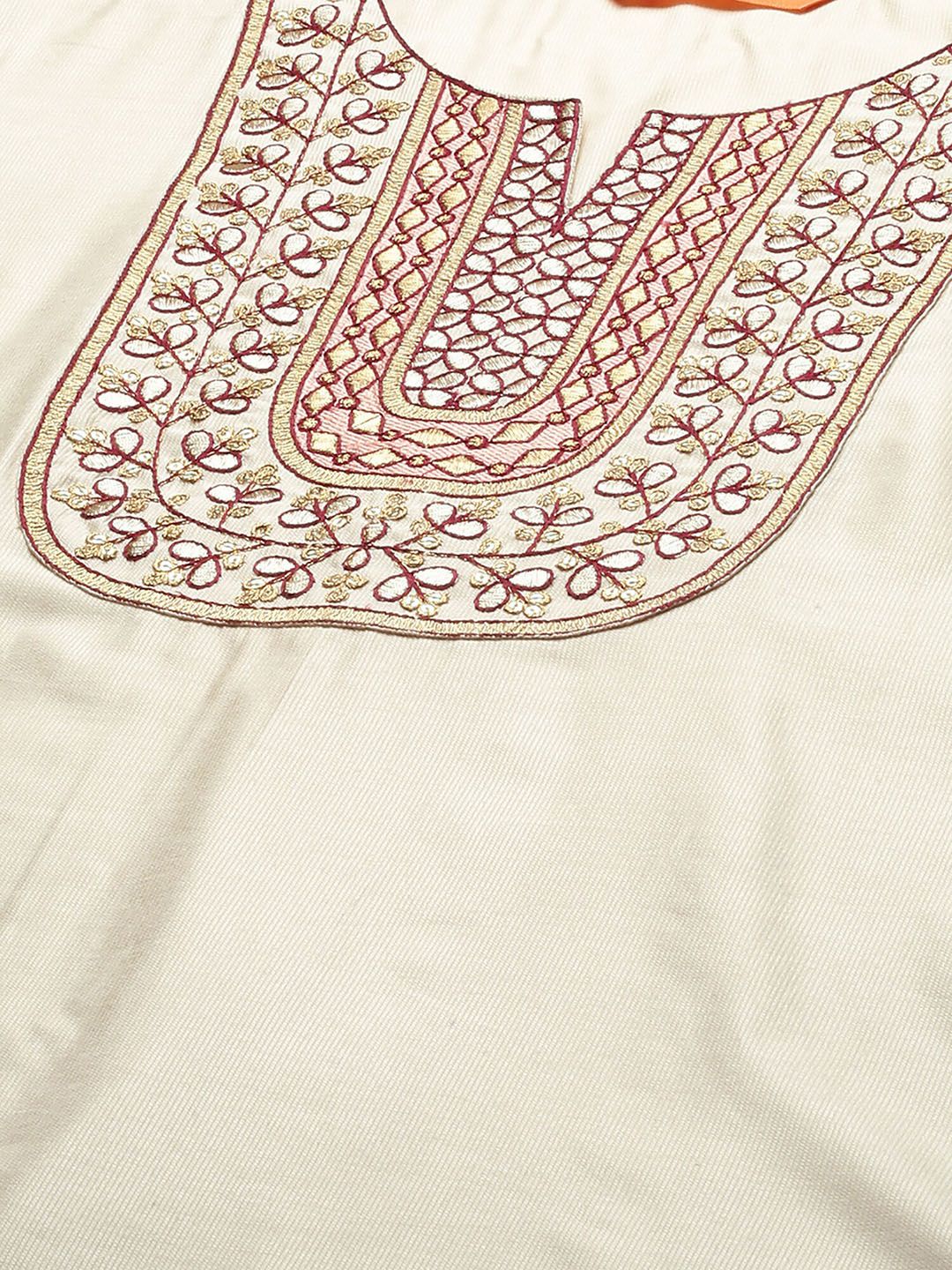 Women Cream-Coloured Floral Yoke Design Regular Thread Work Liva Kurta with Trousers & With Dupatta