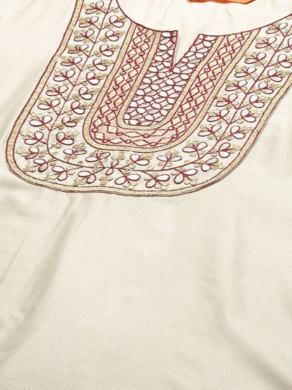 Women Cream-Coloured Floral Yoke Design Regular Thread Work Liva Kurta with Trousers & With Dupatta