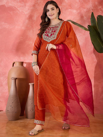 Dhiyona SN Women's Polka Dots Printed V-Neck Thread Work Georgette Kurta With Trousers & Dupatta