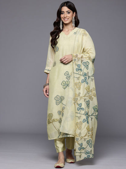 Dhiyona VA Women's Floral Embroidered Thread Work Chanderi Cotton Kurta with Trousers & Dupatta