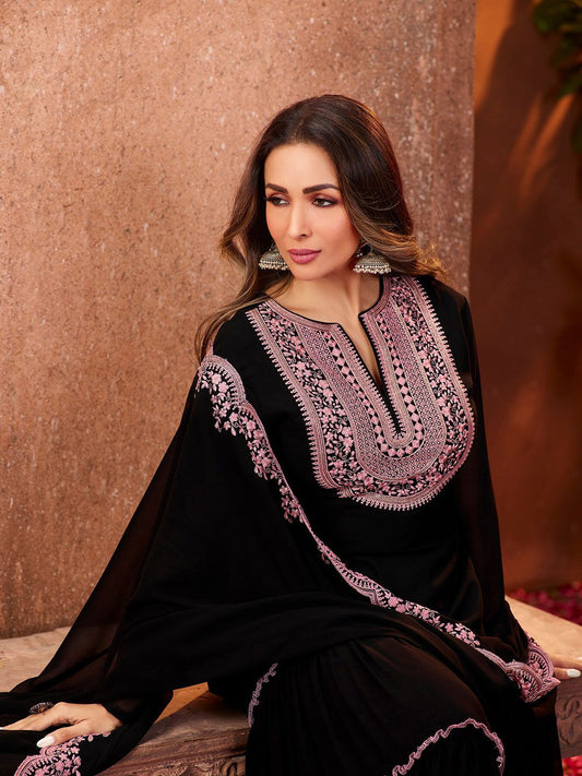 Dhiyona IN Women Black Ethnic Motifs Thread Work Kurta with Sharara & With Dupatta