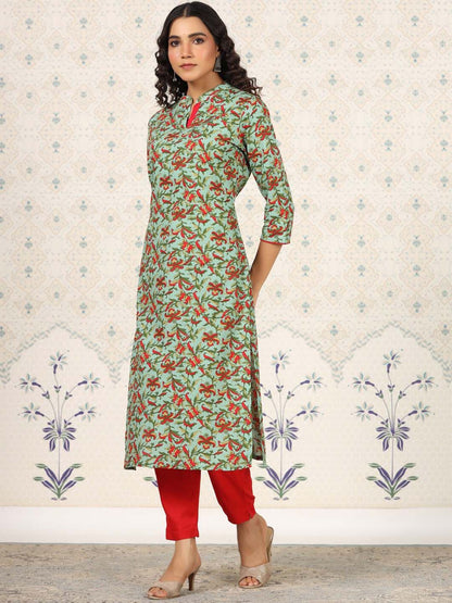Dhiyona OD  Green Floral Printed Straight Kurta