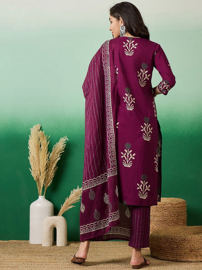 Dhiyona SN Women's Printed Pure Cotton Straight Kurta With Trousers & Dupatta