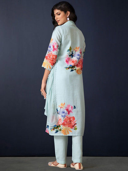 Dhiyona IE Floral Printed Regular Linen Straight Kurta With Trousers & Dupatta