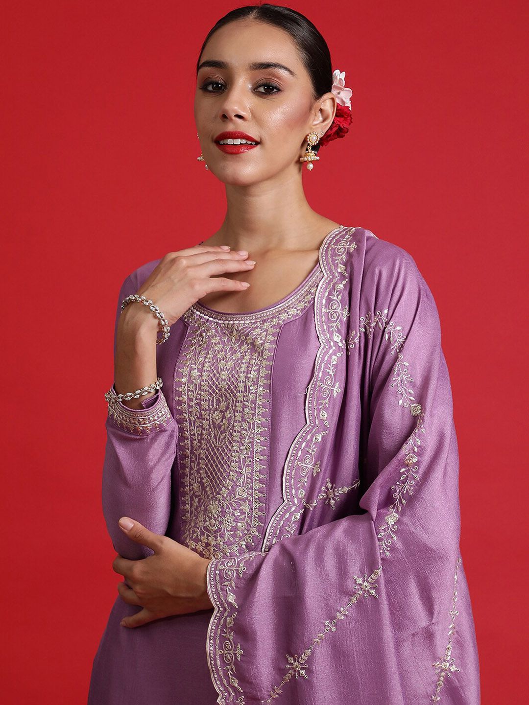 Floral Embroidered Sequinned Kurta With Trousers & Dupatta