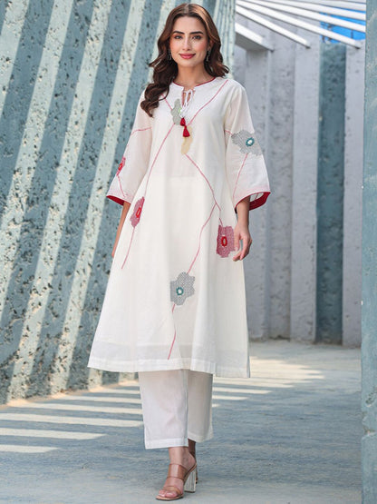 Floral Embroidered Mirror Work Tie-Up Neck Pure Cotton A-Line Kurta With Trousers