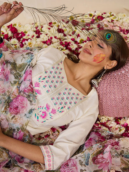 Dhiyona IE Women Floral Yoke Design Regular Thread Work Pure Cotton Kurta with Trousers & With Dupatta