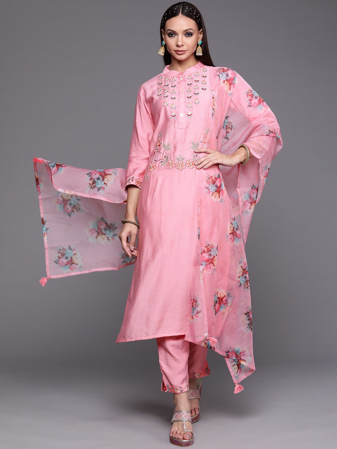 Women Pink Ethnic Motifs Embroidered Kurta with Trousers & With Dupatta
