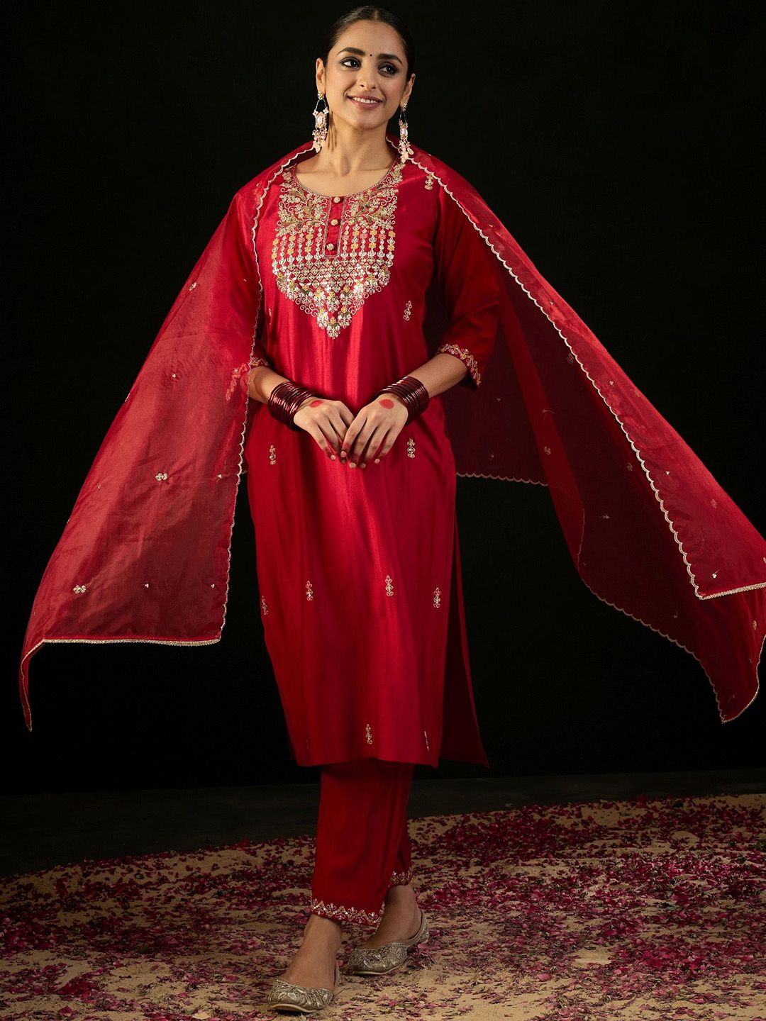 Floral Yoke Design Sequnnied Straight Kurta With Trousers & Dupatta