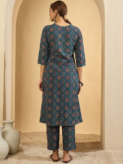 Dhiyona IE Ethnic Motifs Printed V-Neck Pure Cotton A-Line Kurta With Trousers
