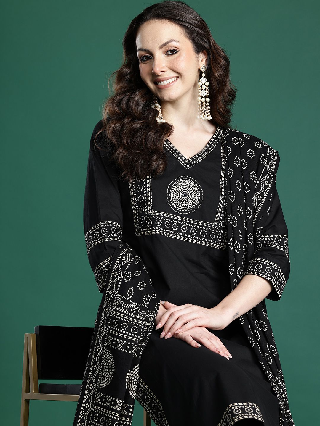 Ethnic Motifs Printed Pure Cotton Kurta with Trousers & Dupatta