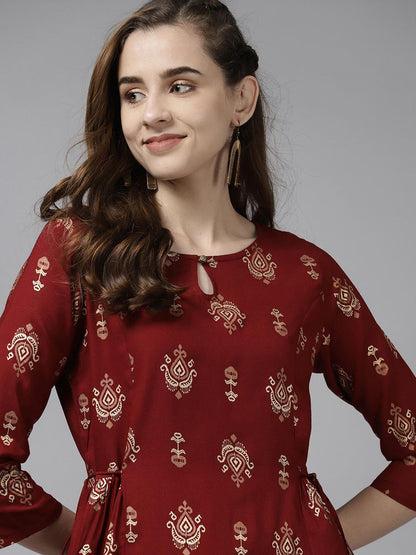 Dhiyona IE Women Maroon Keyhole Neck Kurta