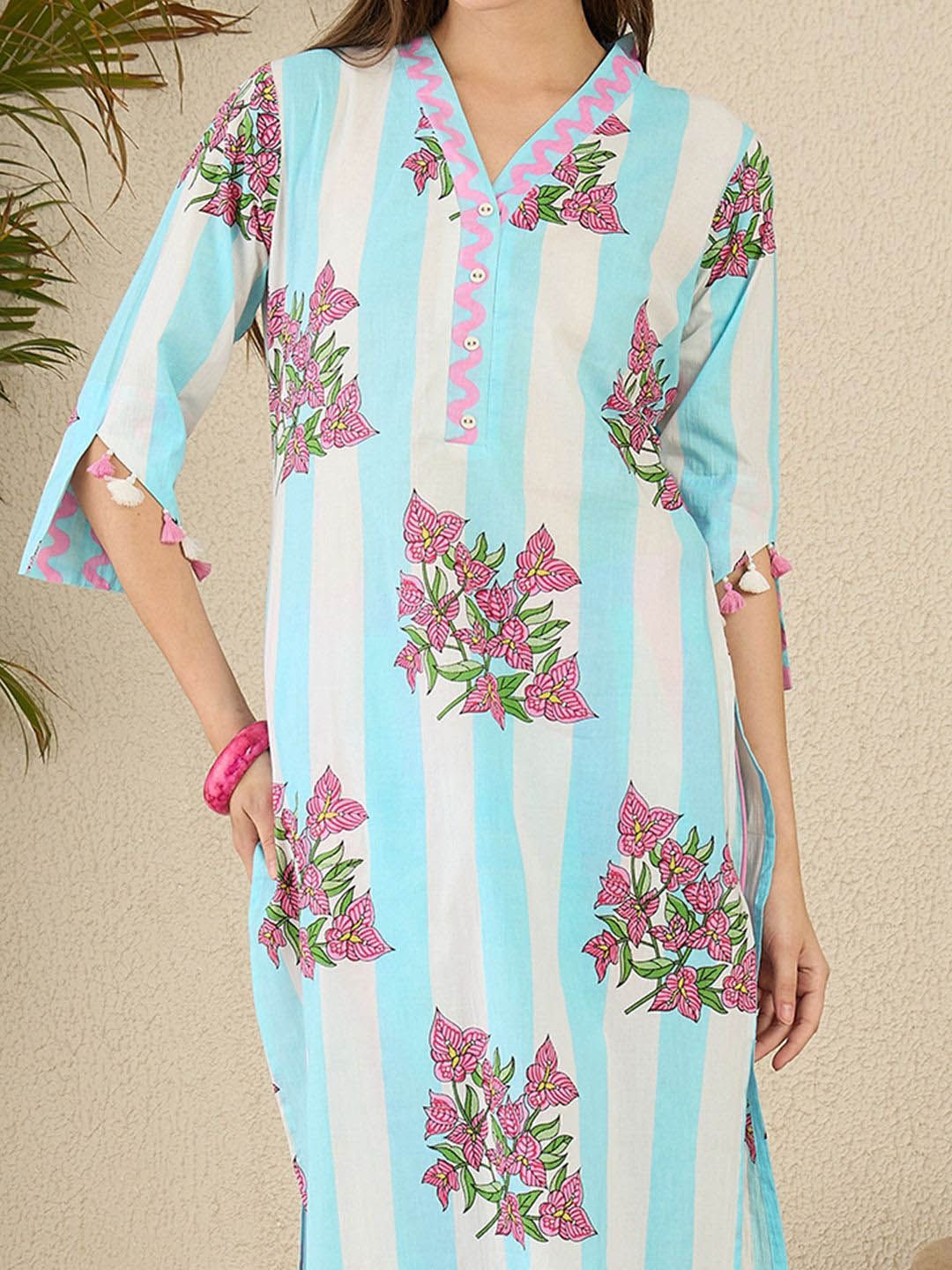 Floral Screen Printed V-Neck Pure Cotton Straight Kurta With Trousers