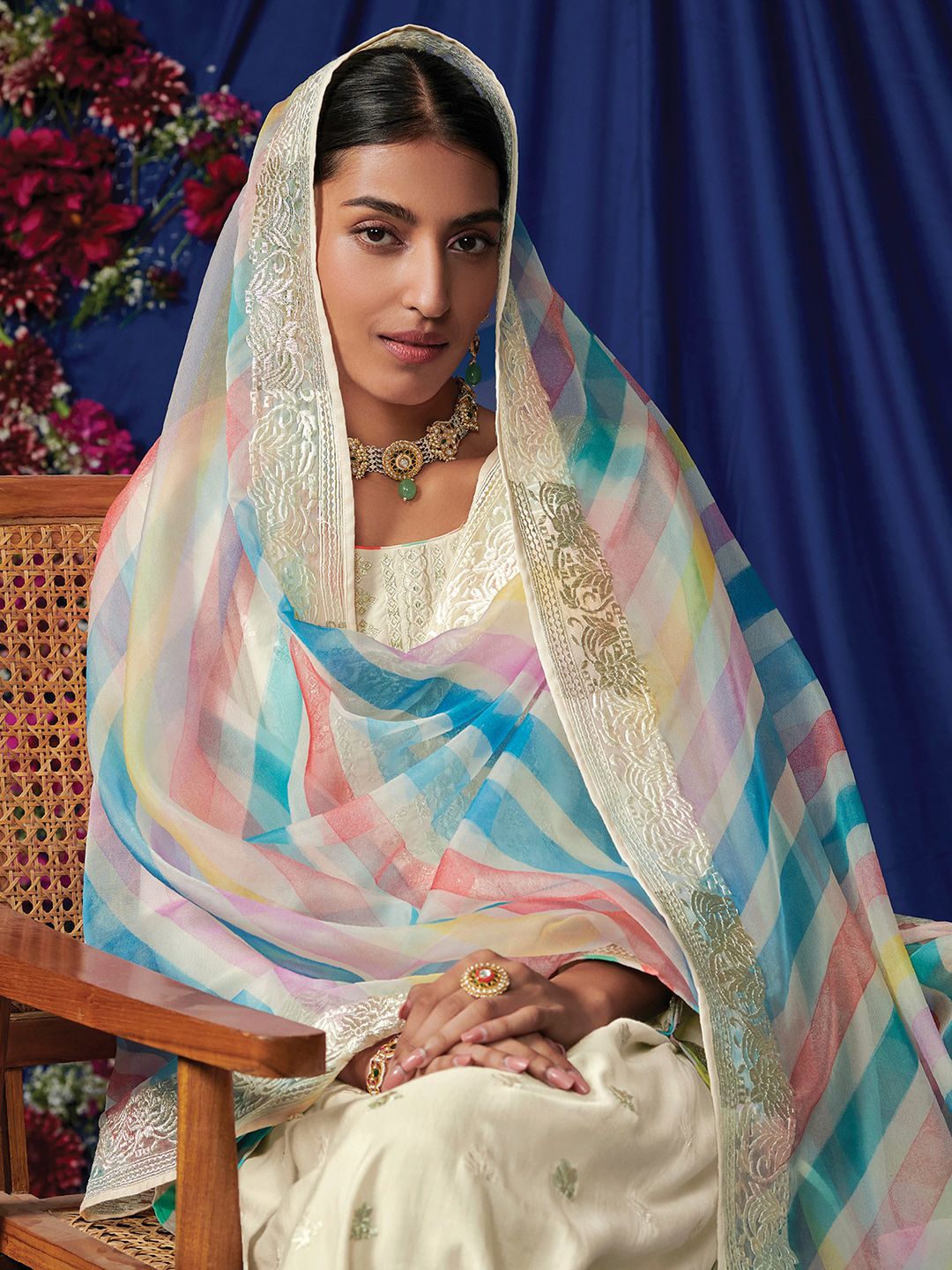Dhiyona IE Ethnic Motifs Embroidered Thread Work Pure Cotton Kurta with Trousers & Dupatta