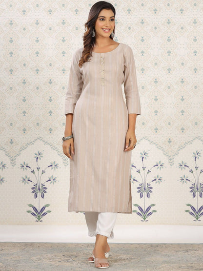 Dhiyona OD  Striped Round Neck Straight Cotton Kurta