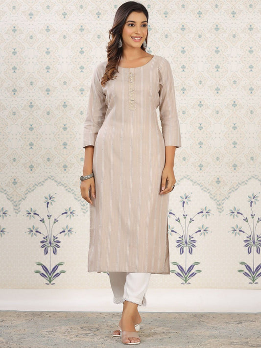 Dhiyona OD  Striped Round Neck Straight Cotton Kurta