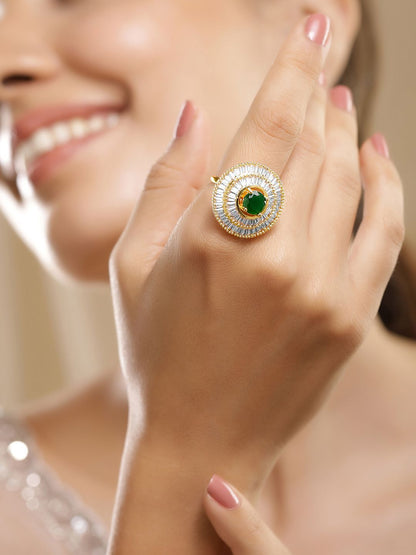 Dhiyona RJ Women's Premium 22k Gold-Plated Green Emerald and Zirconia Studded Adjustable Finger Ring