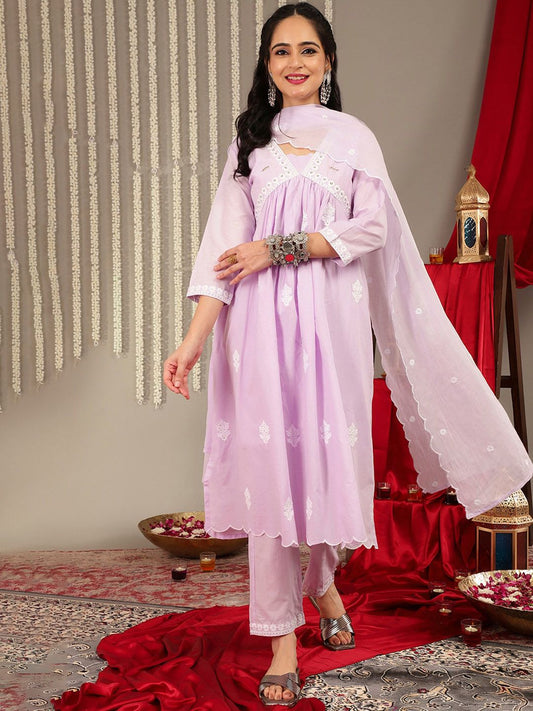 Dhiyona VA Women'sEthnic Motifs Embroidered Pure Cotton Empire Straight Kurta & Trouser With Dupatta
