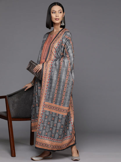 Dhiyona VA Women'sEthnic Motif Printed Wool Blended Winter Straight Kurta Set with Printed Dupatta