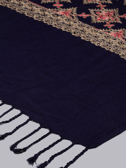 Dhiyona PA Women Navy Blue Aari Embroidered Kashmiri Shawl