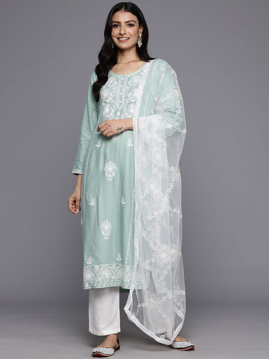 Dhiyona VA Women'sFloral Embroidered Panelled Thread Work Kurta With Trousers & Dupatta
