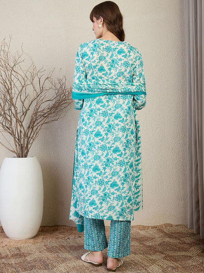 Floral Printed Straight Kurta With Trousers & Dupatta