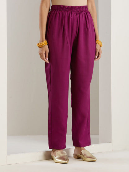 Dhiyona IS Women's Purple Ethnic Motifs Embroidered Chinon Straight Kurta With Trousers & Dupatta