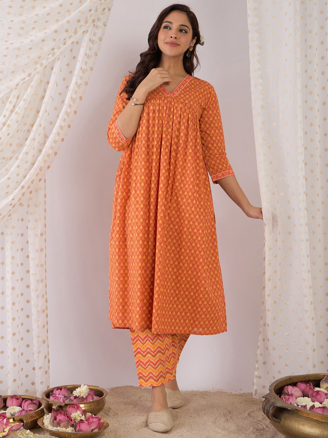 Floral Printed Empire Pure Cotton A-Line Kurta With Trousers