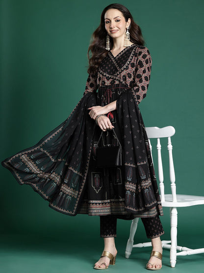 Ethnic Motifs Printed Angrakha Beads & Stones Pure Cotton Kurta Set