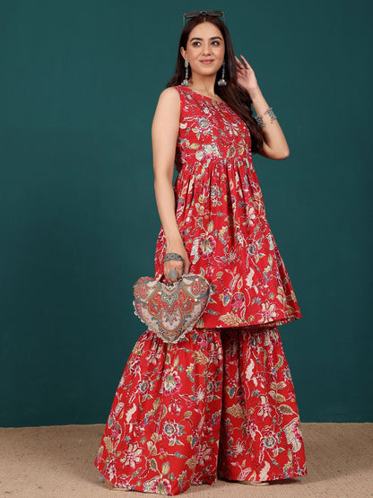 Dhiyona VA Women's Floral Printed Regular Thread Work Pure Cotton Kurta with Sharara