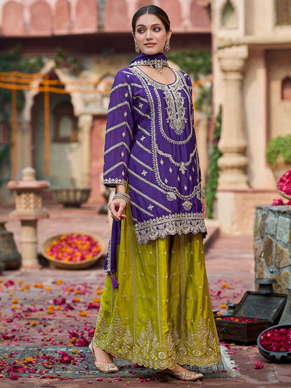 Floral Embroidered Sequinned Chinon Straight Kurta With Palazzos & Dupatta