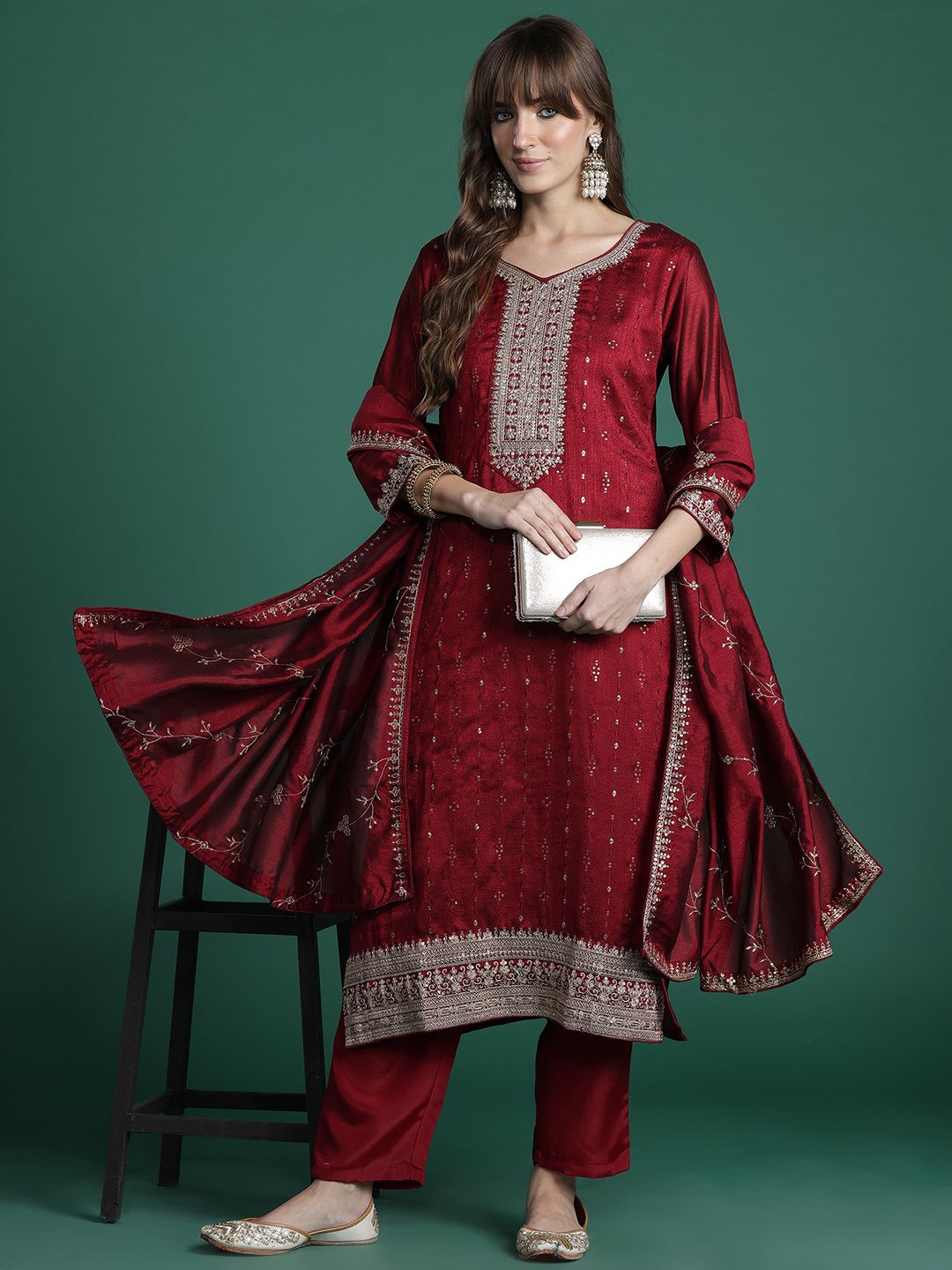 Embroidered Straight Kurta Trousers With Dupatta Set