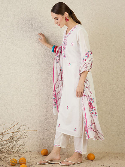 Women Floral Embroidered Regular Pure Cotton Kurta with Trousers & Dupatta