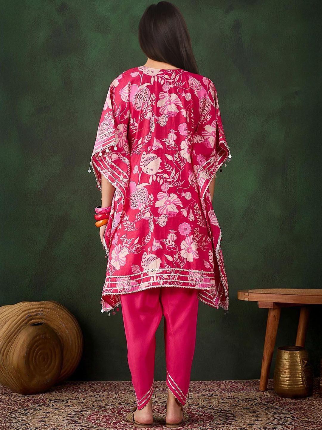 Dhiyona IS Women's Women Ethnic Motifs Print Regular Mirror Work Kaftan Kurta with Trousers