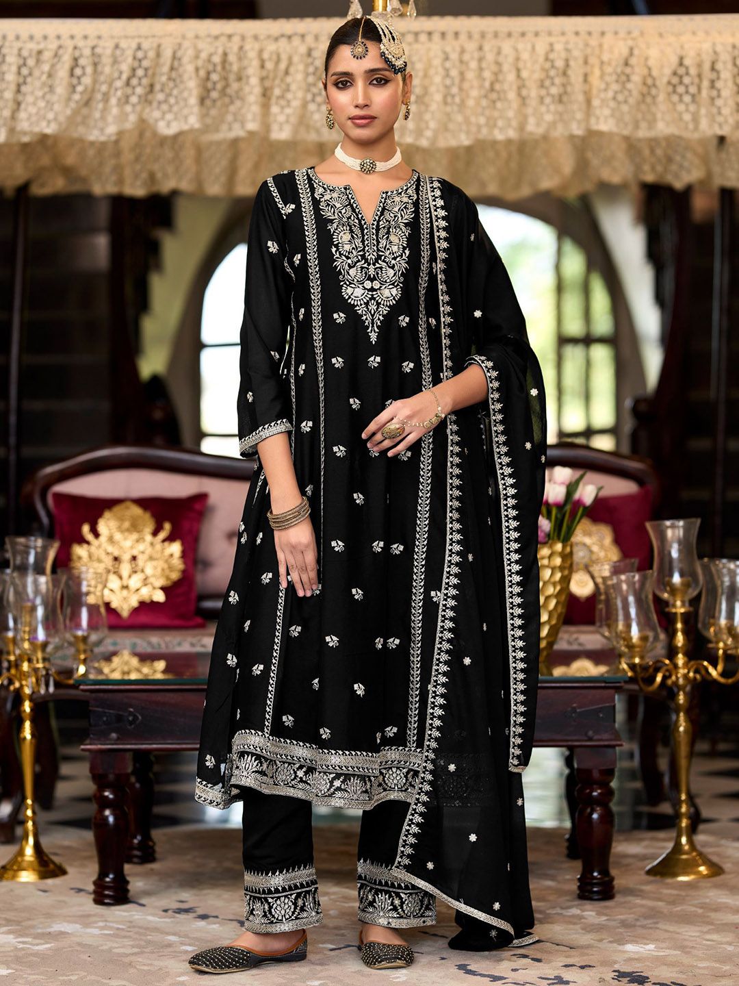 Dhiyona IE Women Ethnic Motifs Embroidered Regular Sequinned Kurta with Trousers & With Dupatta
