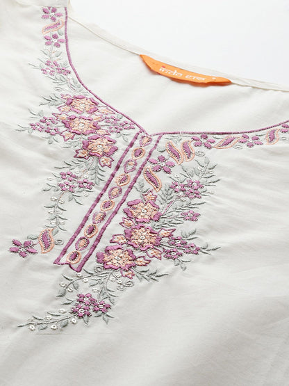 Floral Embroidered Pure Cotton Kurta with Trousers & Dupatta