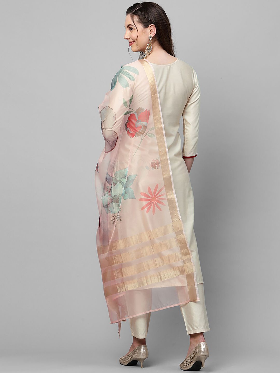 Women Cream-Coloured Floral Yoke Design Regular Thread Work Liva Kurta with Trousers & With Dupatta