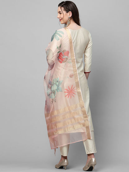 Women Cream-Coloured Floral Yoke Design Regular Thread Work Liva Kurta with Trousers & With Dupatta