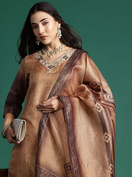 Bandhani Printed Thread Work Kurta with Trousers & With Dupatta