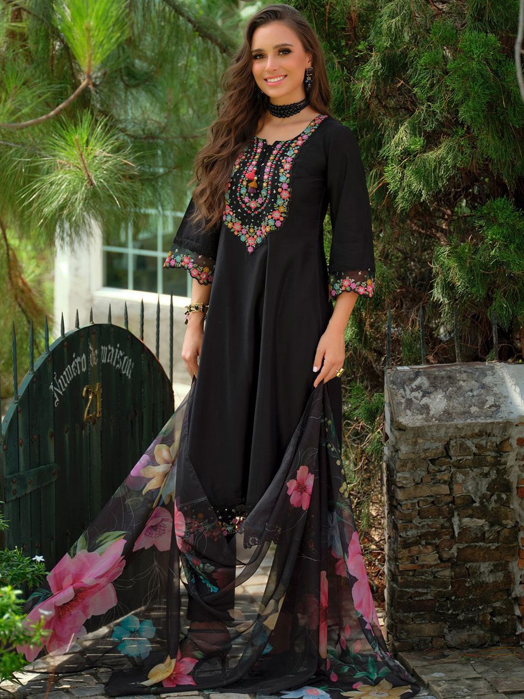 Floral Embroidered Tieup Neck Liva A-Line Kurta With Trousers & Dupatta