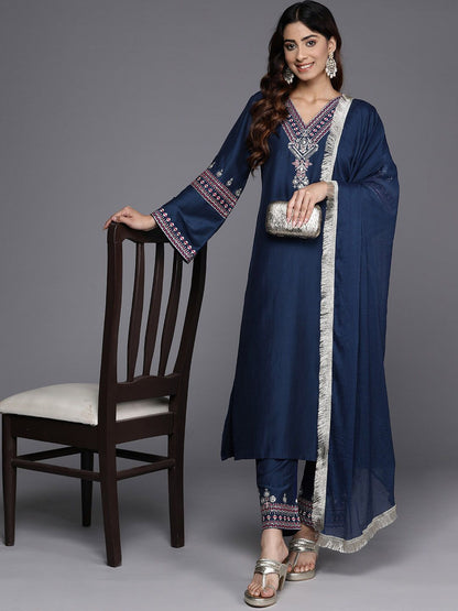 Dhiyona VA Women'sV Neck Ethnic Motifs Embroidered Regular Straight Kurta Set
