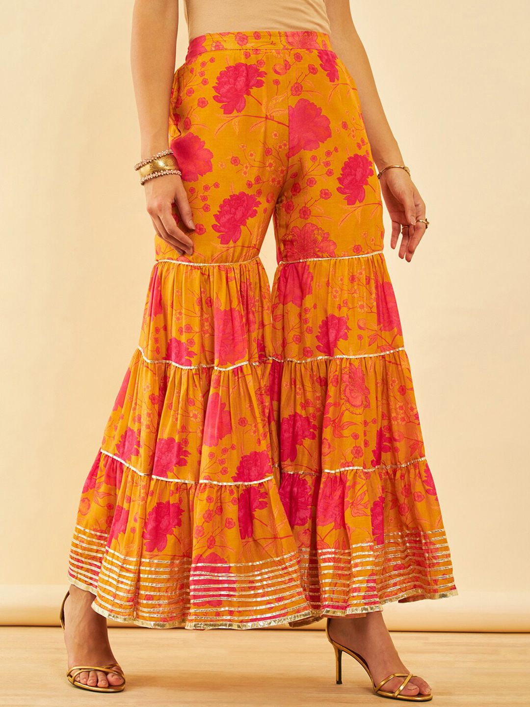 Dhiyona SO Women's Floral Printed Regular Zardozi Kurta with Sharara & Dupatta