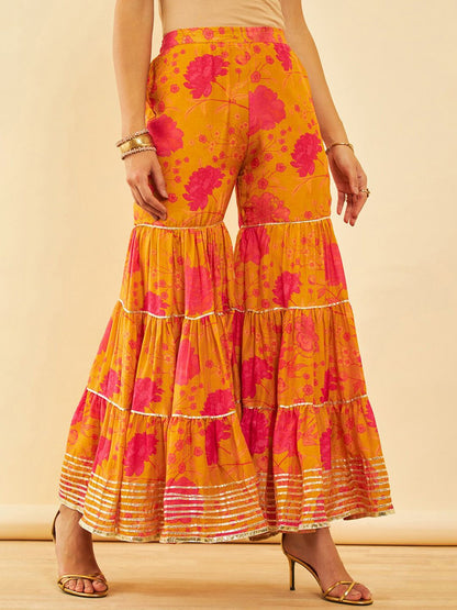 Dhiyona SO Women's Floral Printed Regular Zardozi Kurta with Sharara & Dupatta