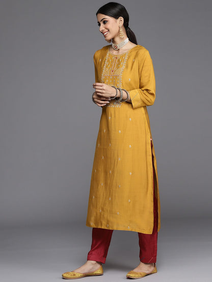 Dhiyona VA Women's Mustard Yellow Ethnic Motifs Embroidered Kurta with Trousers & Dupatta