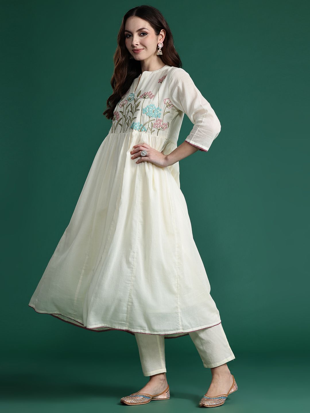 Dhiyona IE Floral Embroidered Empire Thread Work Pure Cotton Kurta with Trousers & Dupatta