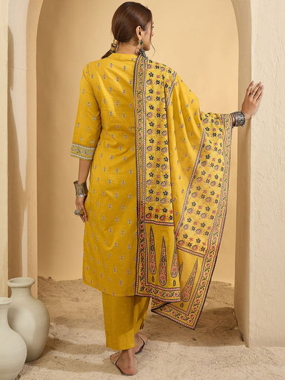 Dhiyona IE Women rinted Panelled Pure Cotton Kurta with Trousers & With Dupatta