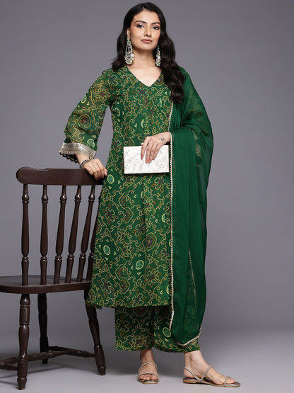 Dhiyona VA Women'sBandhani Printed Empire Gotta Patti Kurta With Trousers & Dupatta