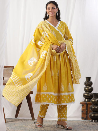 Dhiyona IS Women's Ethnic Motifs Printed Angrakha Thread Work Pure Cotton Kurta with Trousers & Dupatta