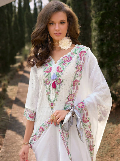 Women Floral Embroidered Regular Sequinned Pure Cotton Kurta & Trousers & Dupatta